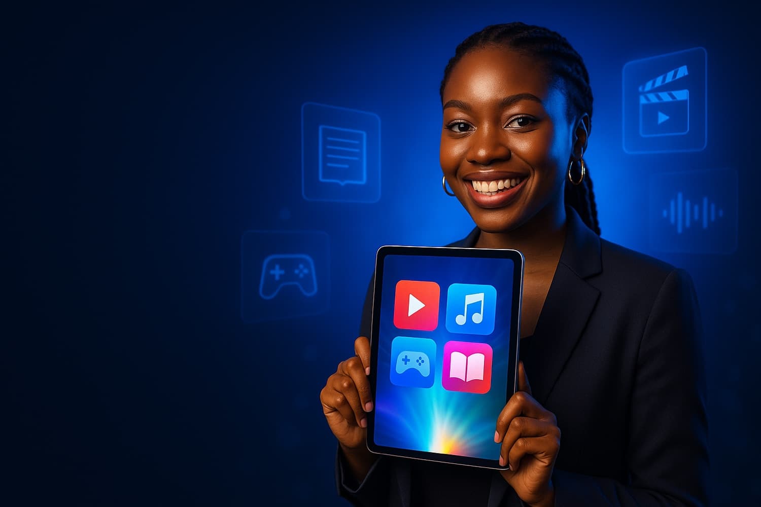 A young woman holding a glowing media tablet surrounded by floating digital-media icons